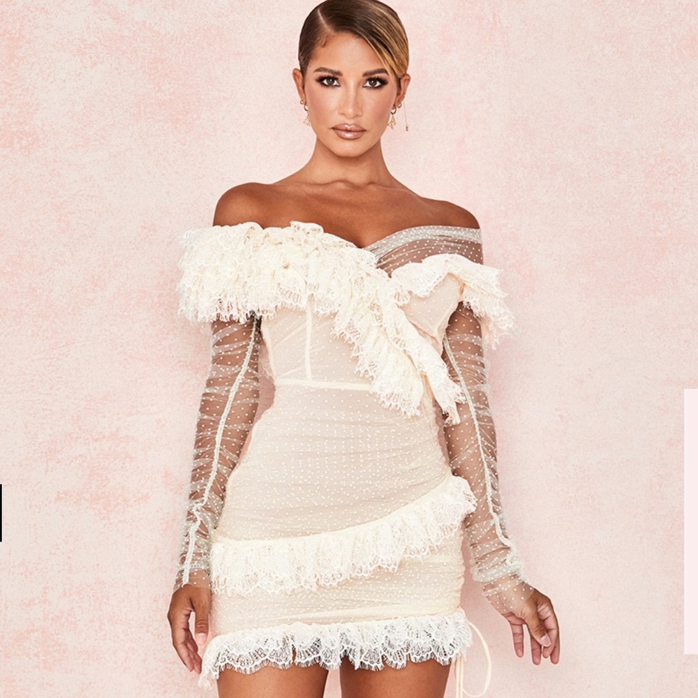 House of CB IVORY LACE FRILL MINI DRESS in size L+